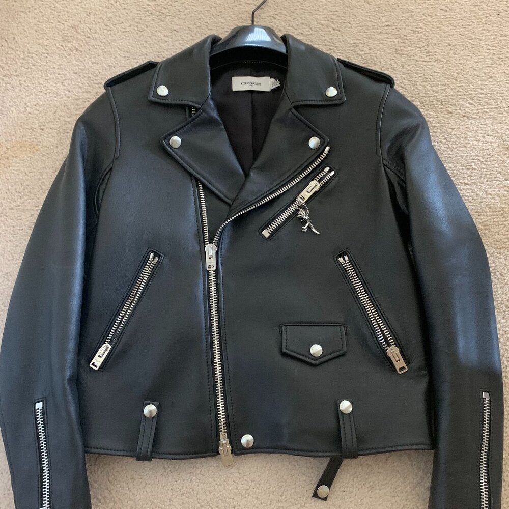 NWOT Customized Coach Moto Jacket with Dinosaur Keychain